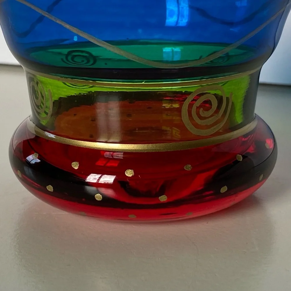 PIER 1 Candle Votive Holder Glass Vintage Red Blue Green Gold Trim Cup Vase Boho